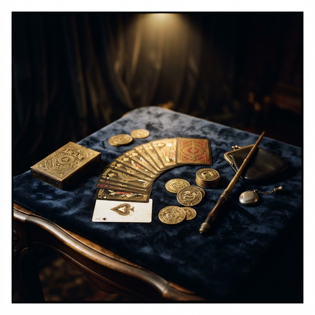 Elegant magic props — playing cards and coins arranged on dark velvet