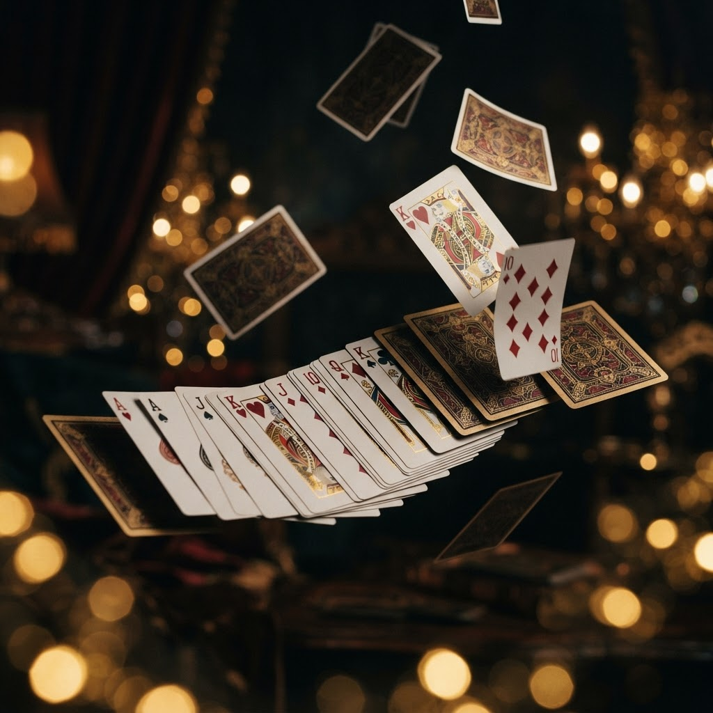 Playing cards dramatically fanned out with golden bokeh light background