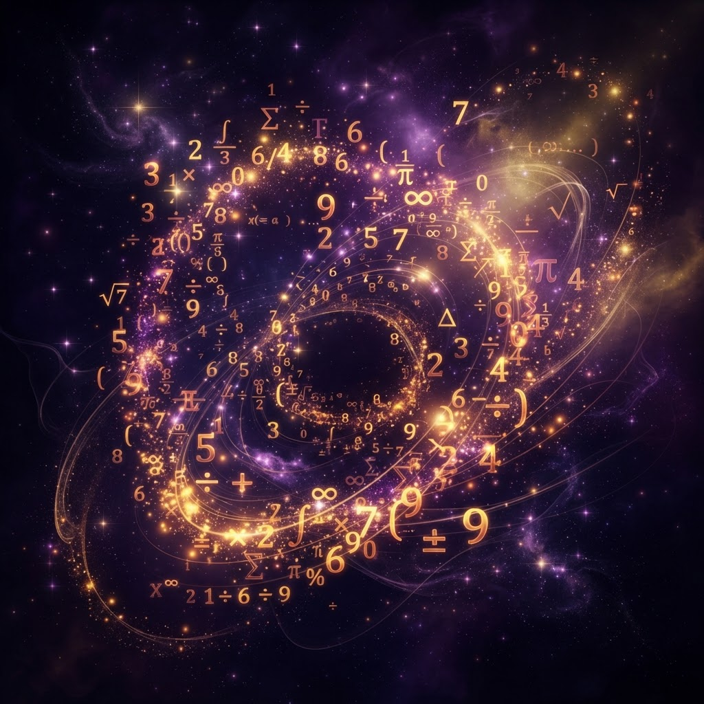 Glowing mathematical numbers and symbols floating in dark space with golden particles