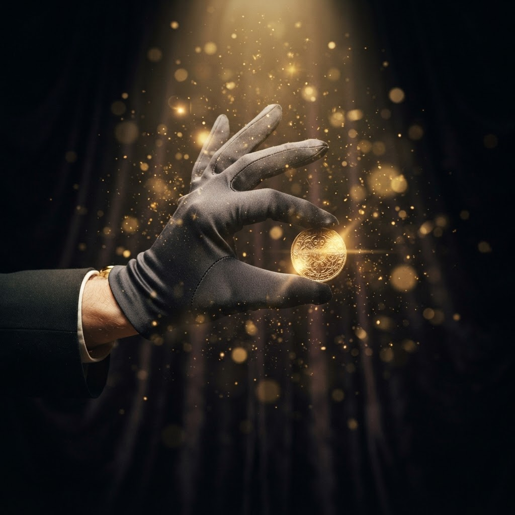 Gold coin balanced between fingers with dramatic spotlight lighting